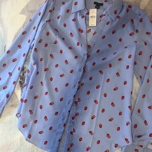 Ann Taylor Blue Blouse with Red Heart Pattern NWT Size Small